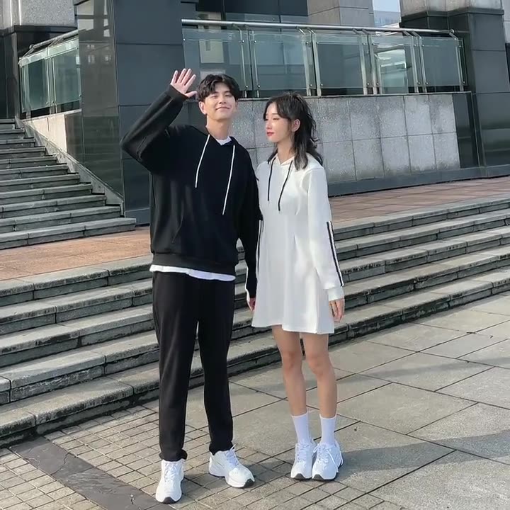 Couple Matching Black White Hoodies Waist Dress Sweatshirt Clothes College School Fashion Young Lovers Women Outfit Wear