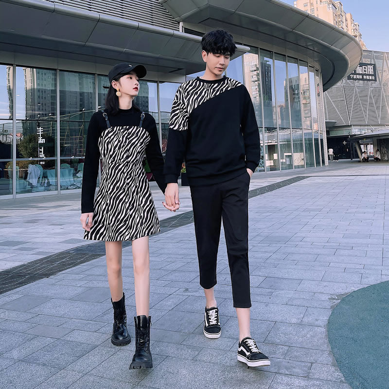 Couple Matching Black Check Hoodies Waist Dress Sweatshirt Clothes Fashion Young Lovers Women Outfit Wear
