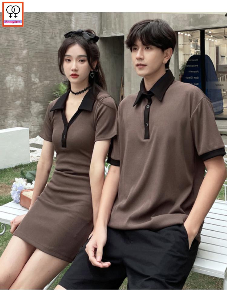 Button Up Fashion Matching Couple Clothes Outfit Male Female Lovers Holiday Valentine&#39;s Girls Turn-down Collar Cute Slim Dress