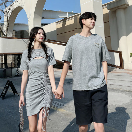 Couple Matching Clothes College School Sexy Tight Gray Dress T-Shirt Sheath Korean Fashion Style Summer Vacation Outfit Wear Set