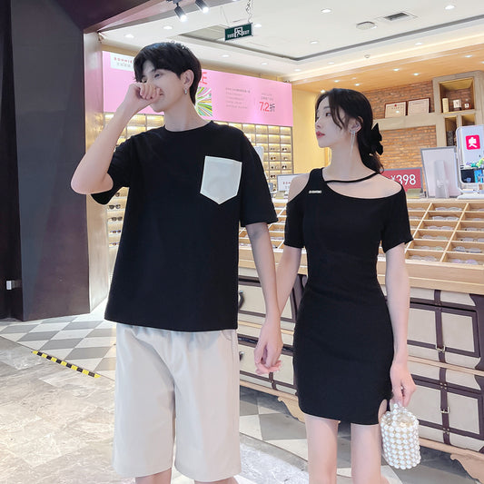 Couple Matching Clothes Sexy Mini / Little Black Dress T-Shirt Waist Summer Fashion Vacation Women Outfit Wear Set LBD