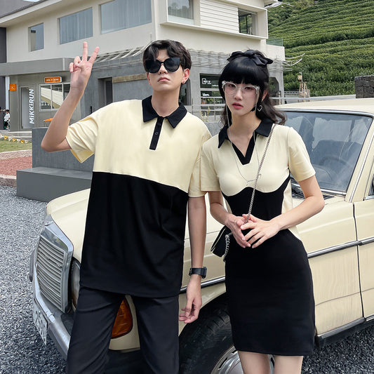 Couple Matching Clothes College School Biege Black Polo Dress T-Shirt Korean Fashion Women Summer Vacation Outfit Wear Set