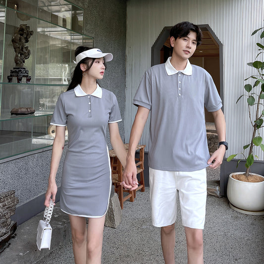 Couple Matching Clothes College School Sexy Tight Polo Dress Gray T-Shirt Sheath Korean Fashion Summer Vacation Outfit Wear Set