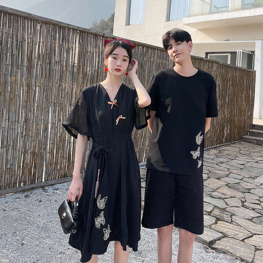 Couple Matching Clothes College Traditional Ethnic Embroidery Dress Cheongsam Qipao T-Shirt Women Summer Outfit Wear Set