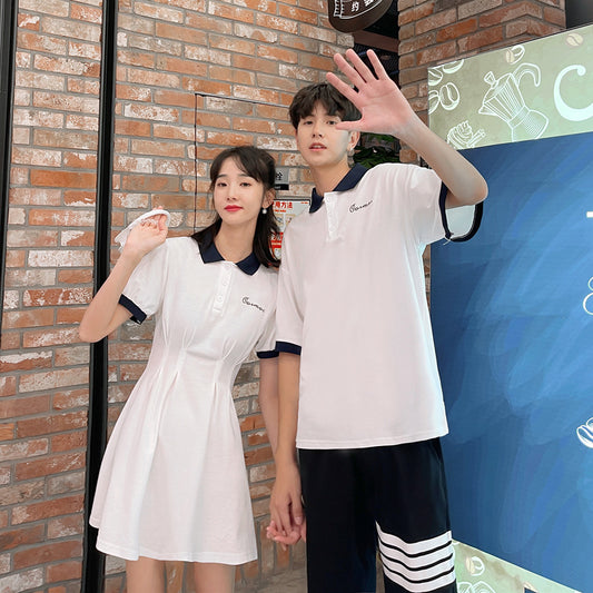 Couple Matching Clothes College School Waist Summer White Polo Tennis Dress Shirt Korean Fashion Style Vacation Outfit Wear Set