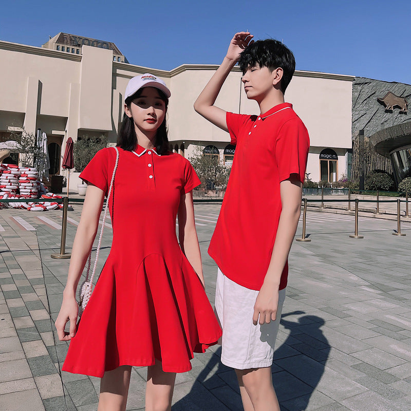 Couple Matching Clothes College School Korean Fashion Style Lovers Red Polo Dress T-shirts Men Women Summer Outfit Wear Set