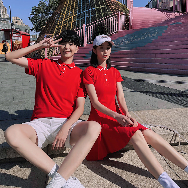 Couple Matching Clothes College School Korean Fashion Style Lovers Red Polo Dress T-shirts Men Women Summer Outfit Wear Set