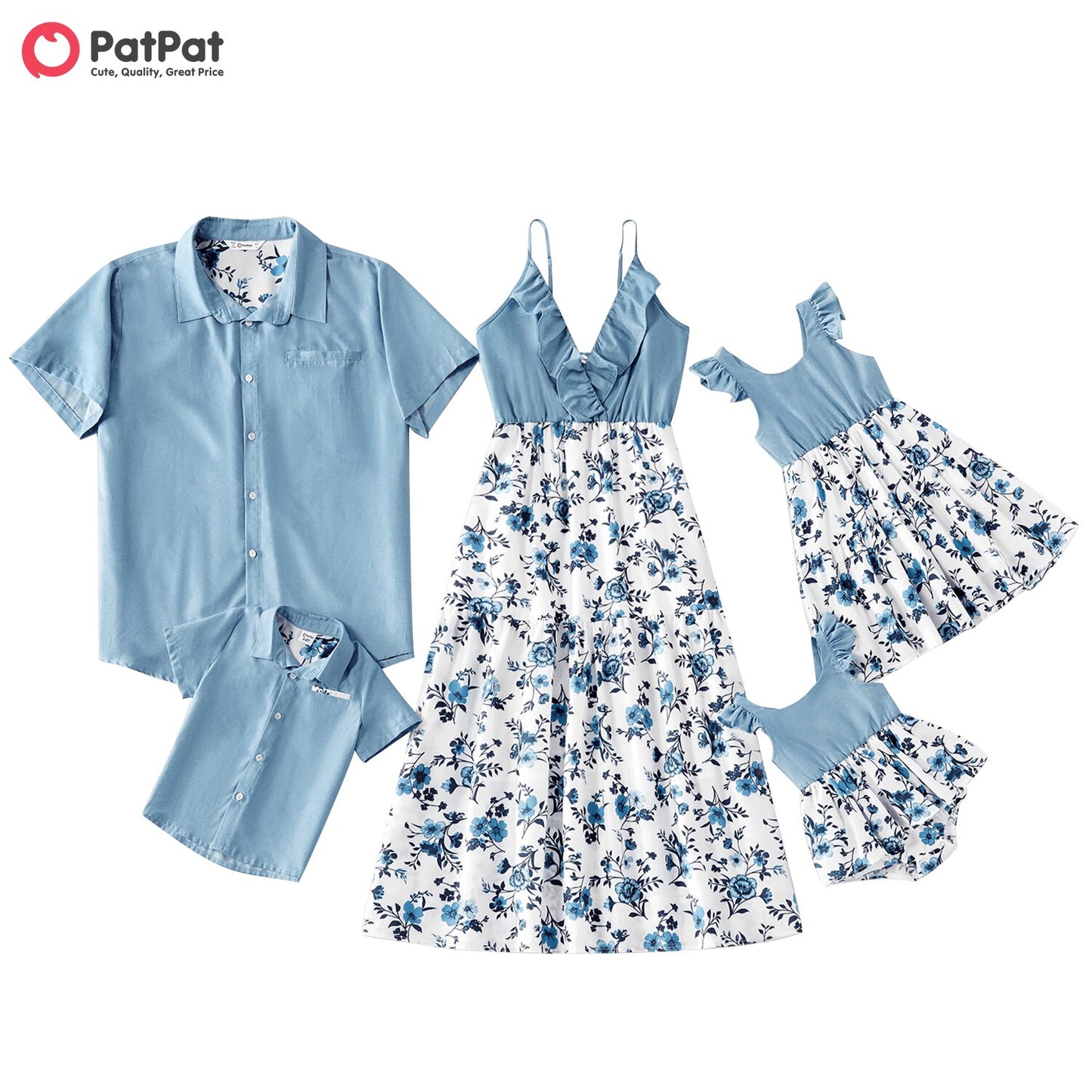 PatPat Summer And Spring Mosaic Cotton Family Matching Floral Sets Flounce Dresses And Denim Tops Short Long Sleeve Family Look