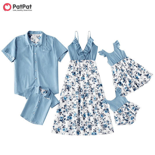 PatPat Summer And Spring Mosaic Cotton Family Matching Floral Sets Flounce Dresses And Denim Tops Short Long Sleeve Family Look