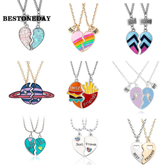 2Pcs/Set Fashion Best Friends Love Couple Pendant Necklace Rainbow Broken Heart BFF Best Friends Matching Friendship Jewelry