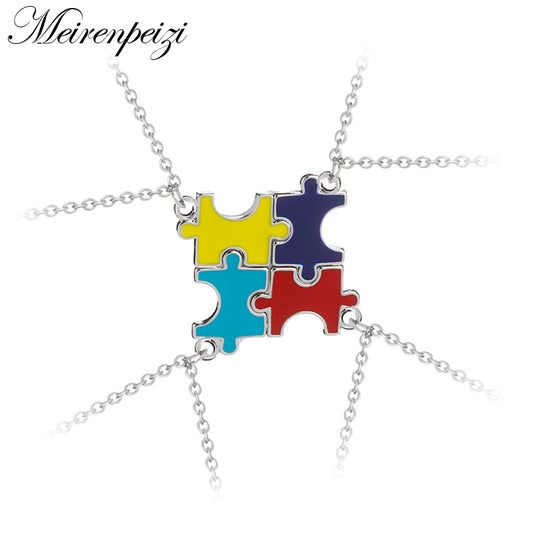 4 Pieces Autism Puzzle Necklace Set Best Friend Sister Necklaces Matching Colorful Enamel Friendship Jewelry Party Gift Set