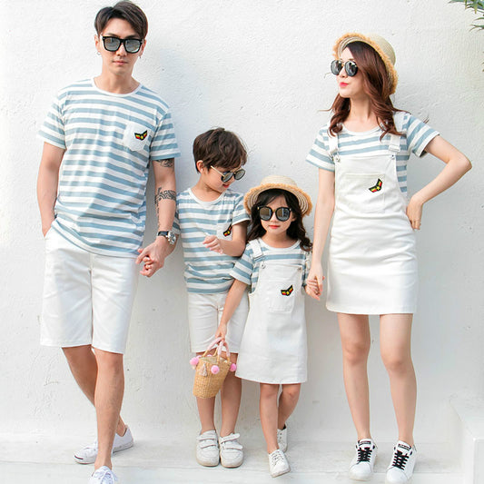 Family Clothing  Summer  Matching Clothes  Mom and Daughter  Dress Family Matching Outfits Father Son Stripe T-shirt +pants